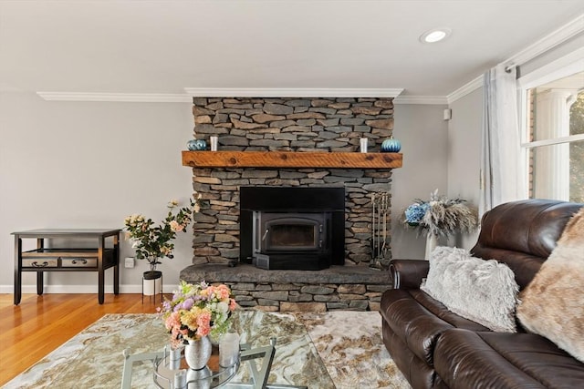 living room with crown molding and wood-type flooring