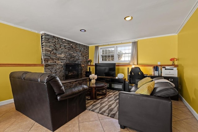 tiled living room with ornamental molding and a fireplace