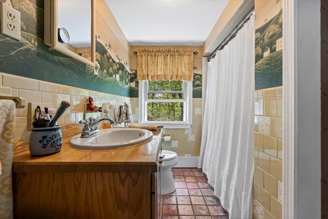 77 Center St, Ashburnham, MA 01430 - bathroom with tile walls, toilet, vanity, and a shower with curtain
