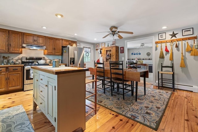 77 Center St, Ashburnham, MA 01430 - kitchen featuring stainless steel appliances, under cabinet range hood, ceiling fan, a kitchen island, and light wood-type flooring