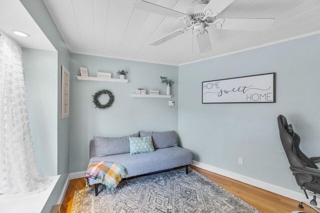 2 Ridge Rd, East Longmeadow, MA 01028 - sitting room with a ceiling fan, ornamental molding, wood finished floors, and baseboards