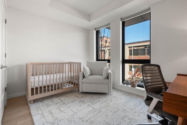 bedroom with a nursery area and a raised ceiling