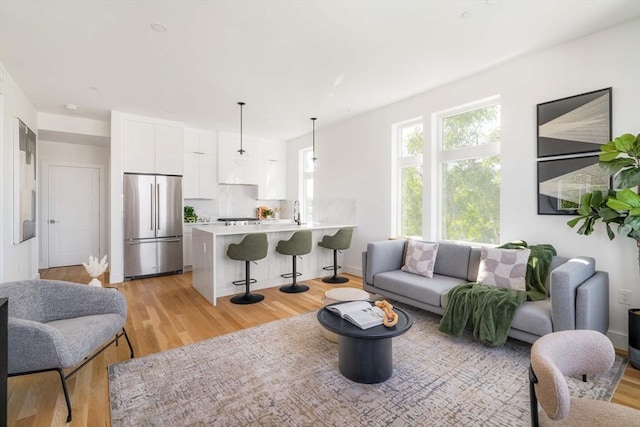 living room with sink and light hardwood / wood-style flooring