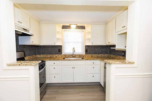 kitchen with wood-type flooring, sink, light stone countertops, white cabinetry, and stainless steel appliances