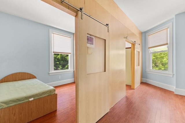 543 Newport Ave, Attleboro, MA 02703 - bedroom with a barn door, wood finished floors, multiple windows, and baseboards