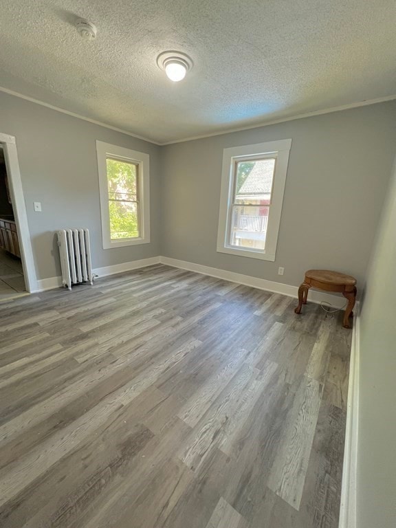 unfurnished room with ornamental molding, a textured ceiling, light hardwood / wood-style floors, and radiator heating unit