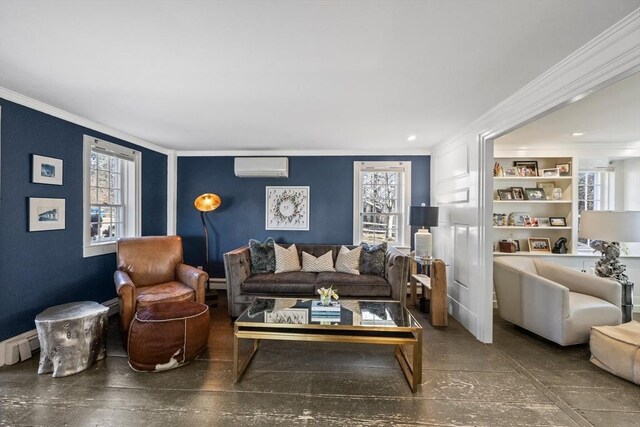 living area with ornamental molding, plenty of natural light, baseboard heating, and a wall mounted AC