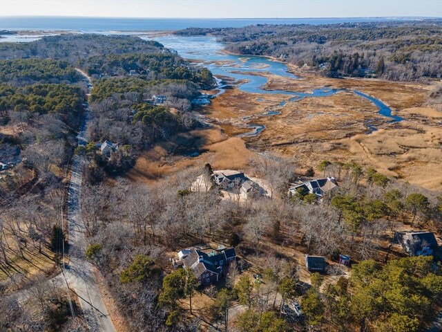 drone / aerial view with a water view and a view of trees