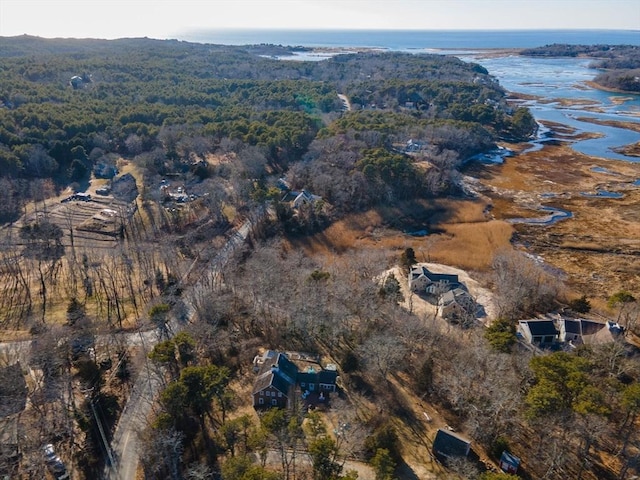 bird's eye view featuring a water view and a wooded view