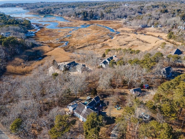 birds eye view of property featuring a water view and a wooded view