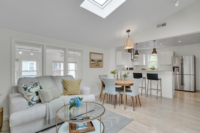 215 Norfolk St Unit 2, Cambridge, MA 02139 - living room featuring a skylight, light wood-type flooring, and vaulted ceiling