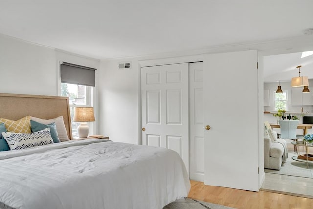 215 Norfolk St Unit 2, Cambridge, MA 02139 - bedroom with light wood-style floors, multiple windows, a closet, and crown molding