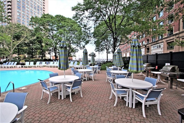 view of swimming pool with a grill and a patio area