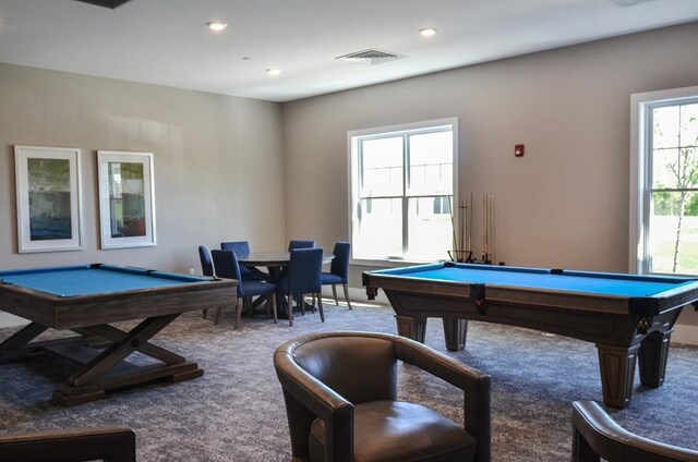 game room with carpet flooring, recessed lighting, visible vents, and billiards