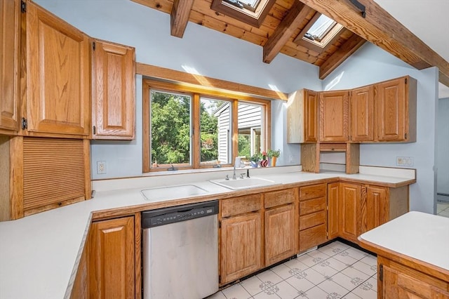 8 Horseshoe Dr, Acton, MA 01720 - kitchen featuring stainless steel dishwasher, a skylight, light countertops, and wood ceiling