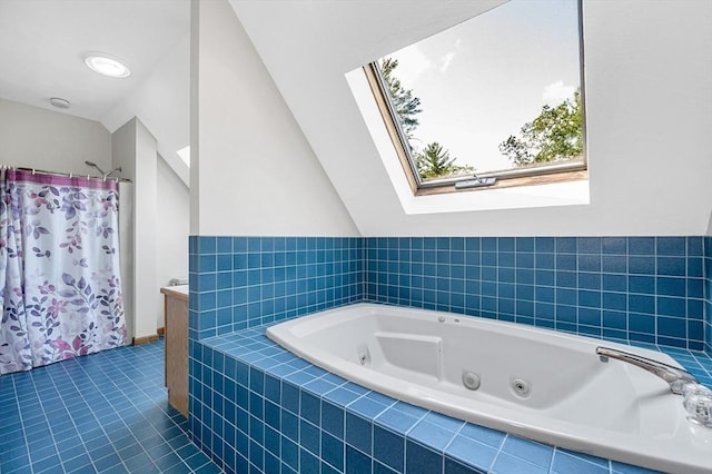 8 Horseshoe Dr, Acton, MA 01720 - bathroom with a skylight, a whirlpool tub, tile patterned floors, lofted ceiling, and a shower with shower curtain