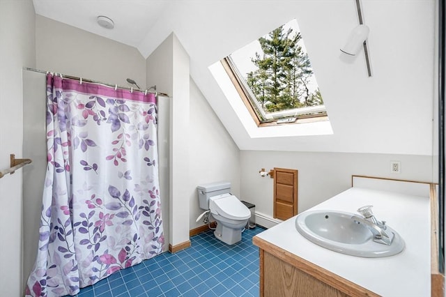 8 Horseshoe Dr, Acton, MA 01720 - full bath with a skylight, vaulted ceiling, curtained shower, vanity, and tile patterned flooring