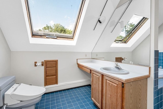 8 Horseshoe Dr, Acton, MA 01720 - bathroom featuring a skylight, baseboard heating, lofted ceiling, vanity, and tile patterned floors