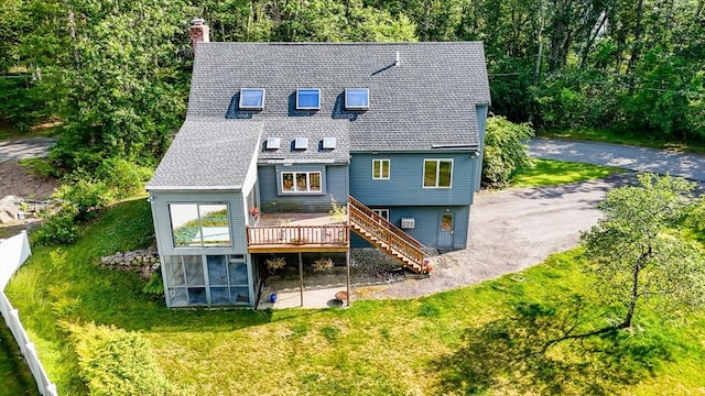 8 Horseshoe Dr, Acton, MA 01720 - back of house featuring stairs, a chimney, a wooden deck, and a yard
