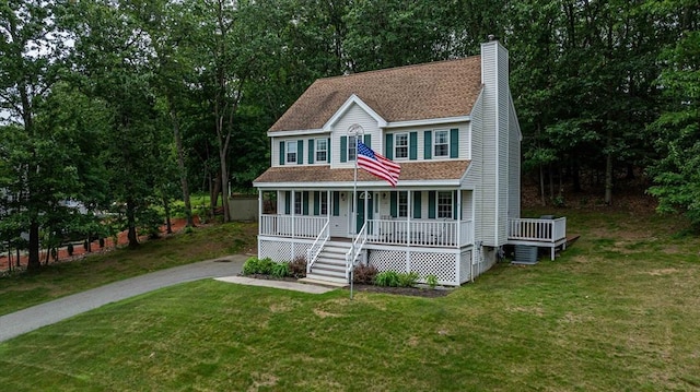20 Bowdoin Dr, Haverhill, MA 01830 - view of front of property featuring a porch, a front lawn, a chimney, and roof with shingles