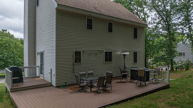 20 Bowdoin Dr, Haverhill, MA 01830 - back of house featuring outdoor dining space, a deck, a chimney, and a shingled roof