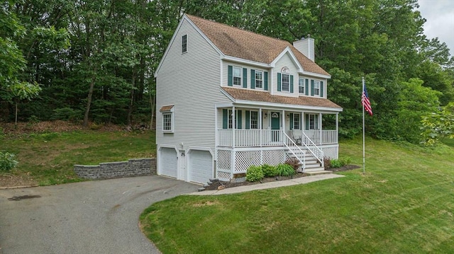 20 Bowdoin Dr, Haverhill, MA 01830 - colonial-style house featuring covered porch, a chimney, asphalt driveway, an attached garage, and a front lawn