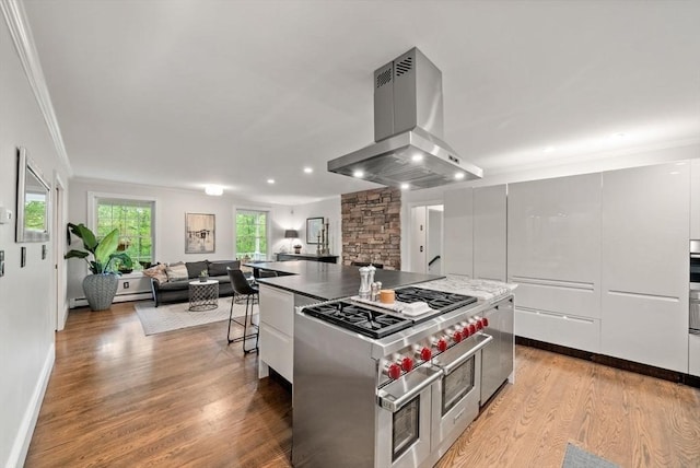176 Spring St, Hopkinton, MA 01748 - kitchen with range with two ovens, island exhaust hood, open floor plan, crown molding, and light wood finished floors