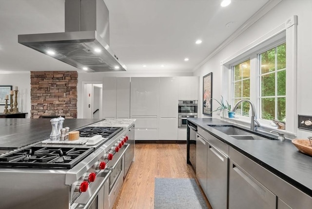 176 Spring St, Hopkinton, MA 01748 - kitchen featuring extractor fan, ornamental molding, appliances with stainless steel finishes, light wood-style flooring, and dark countertops