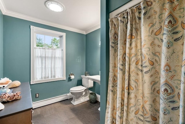 176 Spring St, Hopkinton, MA 01748 - full bath with a baseboard heating unit, baseboards, crown molding, toilet, and tile patterned floors