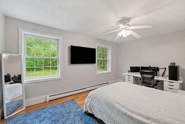 176 Spring St, Hopkinton, MA 01748 - bedroom featuring multiple windows, wood finished floors, a baseboard radiator, and ceiling fan