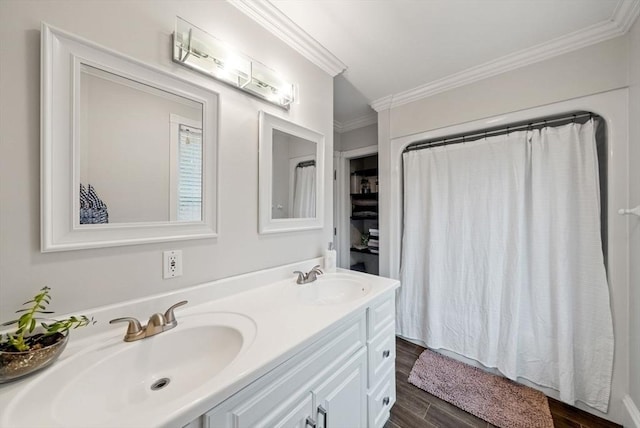 176 Spring St, Hopkinton, MA 01748 - full bath with crown molding, double vanity, wood finished floors, and a shower with curtain