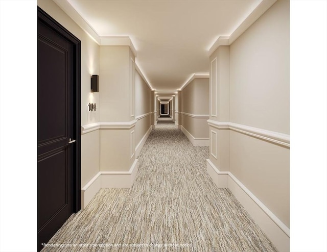 corridor with light colored carpet and crown molding