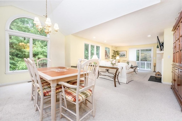 37 Pine Hill Blvd Unit 30, Mashpee, MA 02649 - dining room with light colored carpet, healthy amount of natural light, a chandelier, recessed lighting, and lofted ceiling