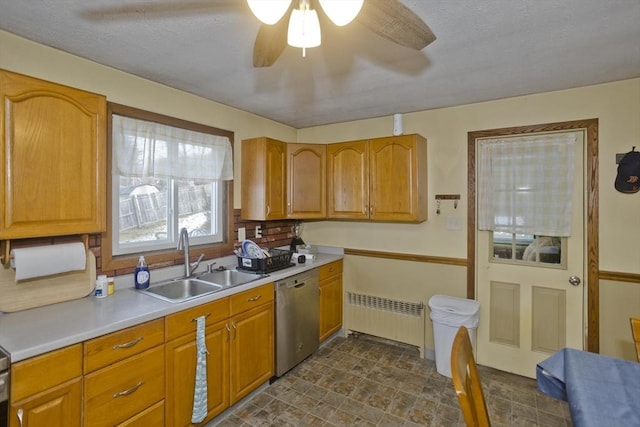 kitchen with ceiling fan, radiator heating unit, dishwasher, and sink