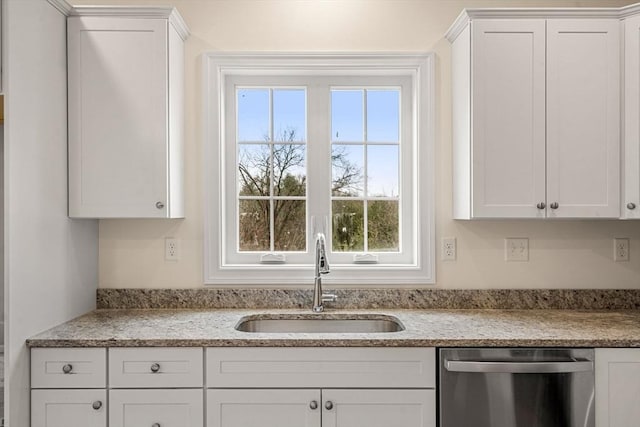 66-3 Parish Rd, Georgetown, MA 01833 - kitchen featuring dishwasher, a sink, white cabinetry, and light stone counters
