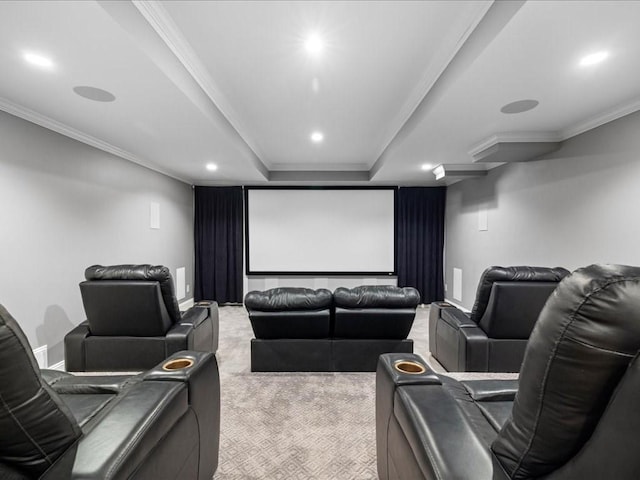 carpeted home theater with ornamental molding, recessed lighting, and baseboards