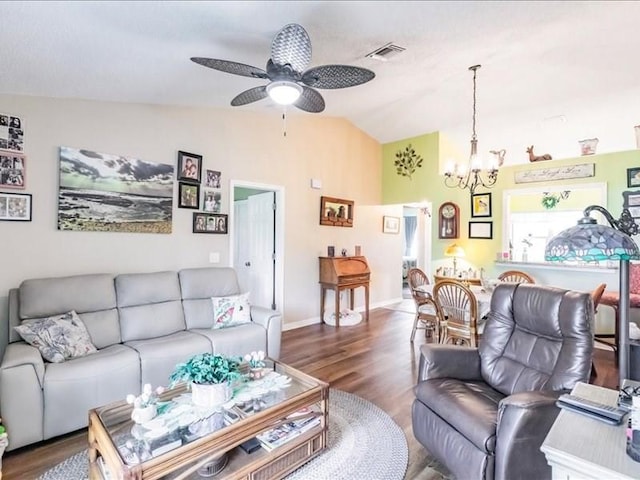 1244 Corktree E, Port Charlotte, FL 33952 - living area featuring lofted ceiling, a chandelier, wood finished floors, and ceiling fan