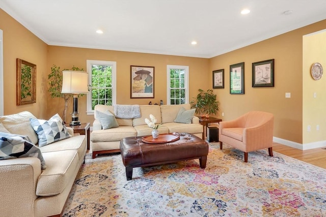 15 Sylvan Dr, Stow, MA 01775 - living room featuring light wood-style flooring, baseboards, recessed lighting, and ornamental molding