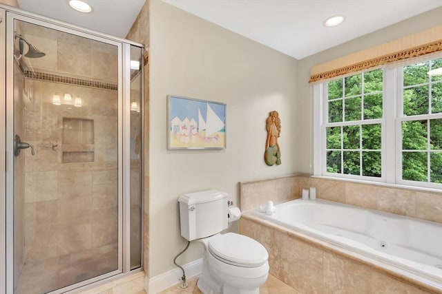 15 Sylvan Dr, Stow, MA 01775 - full bath with healthy amount of natural light, a tub with jets, a shower stall, toilet, and recessed lighting