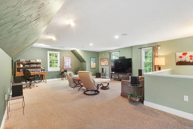 15 Sylvan Dr, Stow, MA 01775 - carpeted living room featuring baseboards, an office area, recessed lighting, and vaulted ceiling