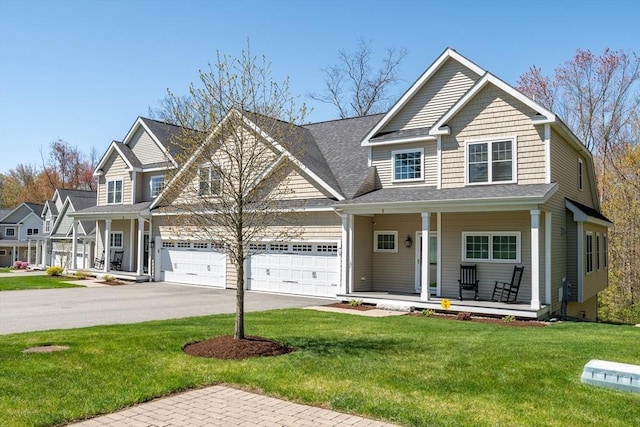 craftsman inspired home featuring covered porch, driveway, a garage, and a front yard