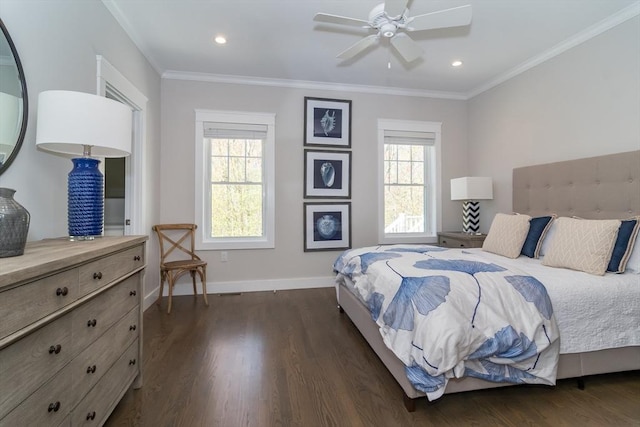 bedroom featuring dark wood-style floors, ornamental molding, baseboards, recessed lighting, and ceiling fan