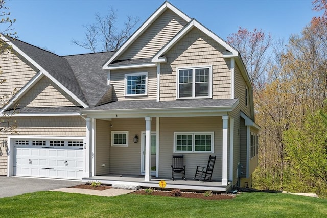 view of front of property with a porch, a garage, asphalt driveway, roof with shingles, and a front yard