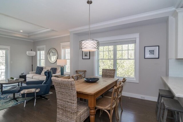 dining room with plenty of natural light, dark wood-style floors, ornamental molding, baseboards, and a raised ceiling