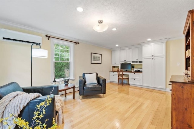 163 Candlestick Rd, North Andover, MA 01845 - living area with a wall mounted air conditioner, crown molding, light wood-style flooring, recessed lighting, and baseboard heating