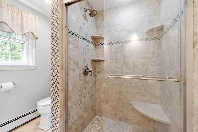163 Candlestick Rd, North Andover, MA 01845 - full bathroom featuring baseboard heating, toilet, and a stall shower