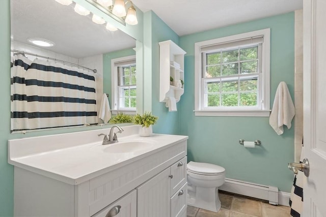 163 Candlestick Rd, North Andover, MA 01845 - full bathroom featuring a baseboard heating unit, toilet, vanity, a shower with curtain, and tile patterned flooring