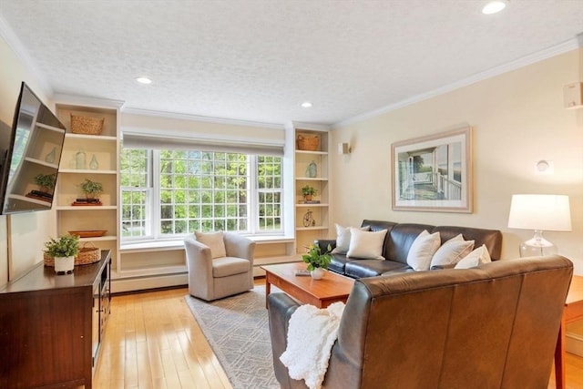 163 Candlestick Rd, North Andover, MA 01845 - living room featuring a baseboard radiator, light wood finished floors, crown molding, recessed lighting, and a textured ceiling