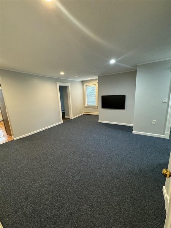 basement with dark colored carpet