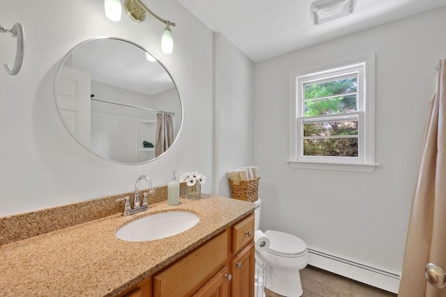 full bathroom with tile patterned flooring, vanity, curtained shower, toilet, and a baseboard heating unit